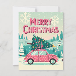 Merry Christmas Card With Vintage Car Julkort