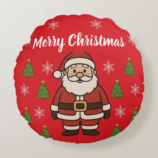 Merry Christmas Cartoon Santa Claus Fun Red Rund Kudde (Framsidan)