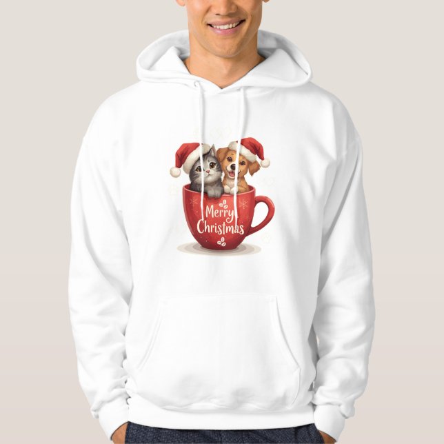 Merry Christmas Cat and Dog in Mug Hoodie Cute Pet (Framsida)