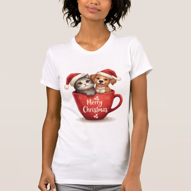 Merry Christmas Cat and Dog in Mug Shirt, Cute Pet T Shirt (Framsida)