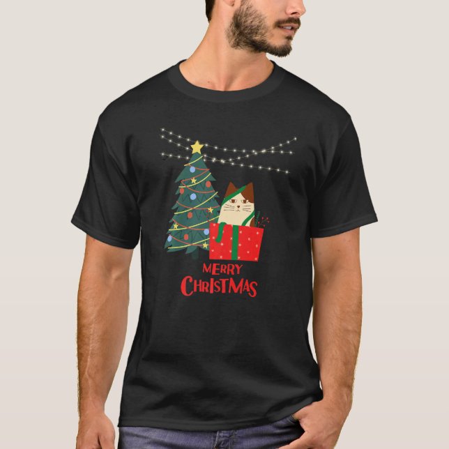 Merry Christmas cat kitty kitten present grumpy sa T Shirt (Framsida)