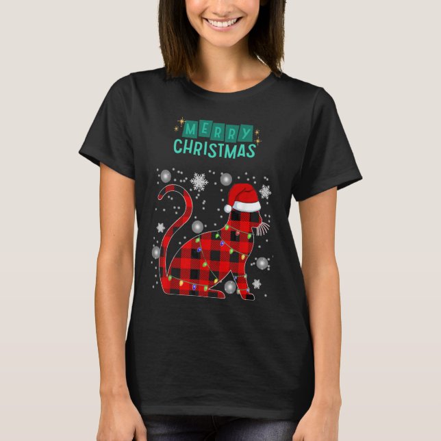 Merry Christmas Cat Plaid Graphic For Cat Lover  T Shirt (Framsida)
