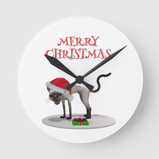 Merry Christmas. Cat with Santa hat Rund Klocka (Framsida)