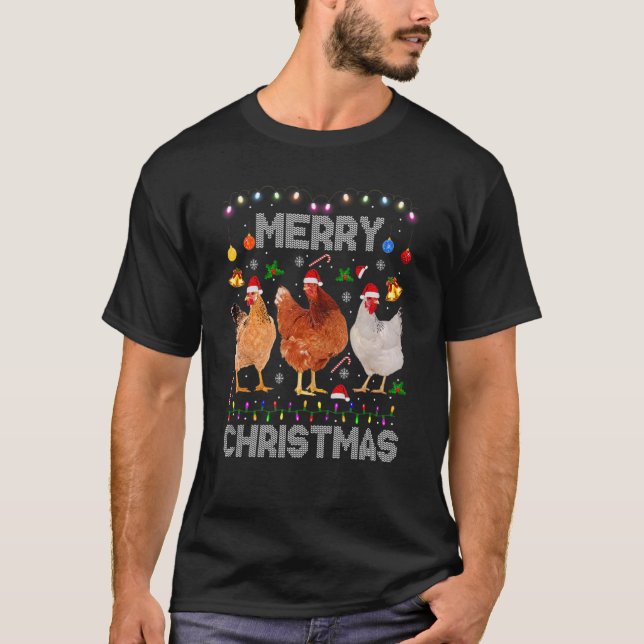Merry Christmas Chicken   Santa Hat Lights Xmas   T Shirt (Framsida)