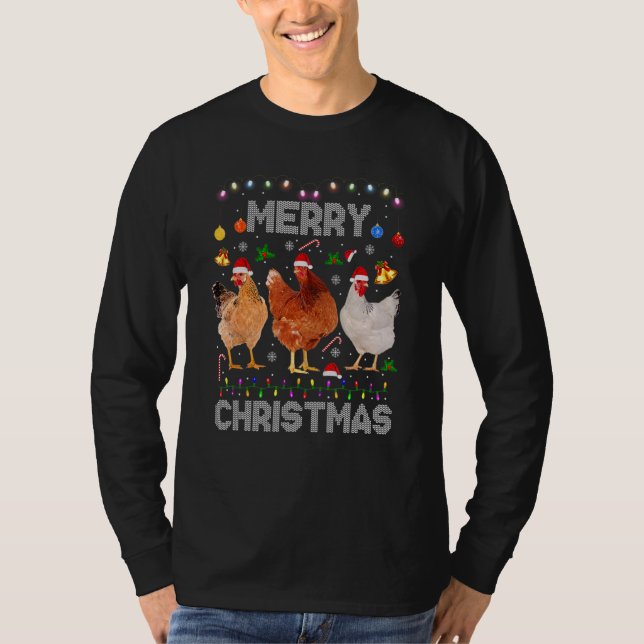 Merry Christmas Chicken   Santa Hat Lights Xmas   T Shirt (Framsida)