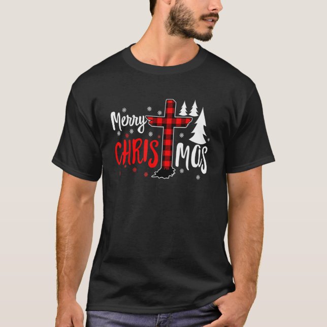 Merry Christmas Christians Buffalo Plaid T Shirt (Framsida)