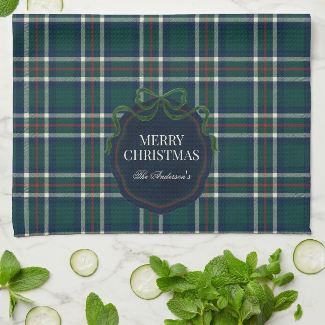 Merry Christmas Classic Preppy Tartan Plaid Kökshandduk (Vikta)