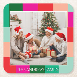 Merry Christmas Color Block Photo  Underlägg Papper Kvadrat