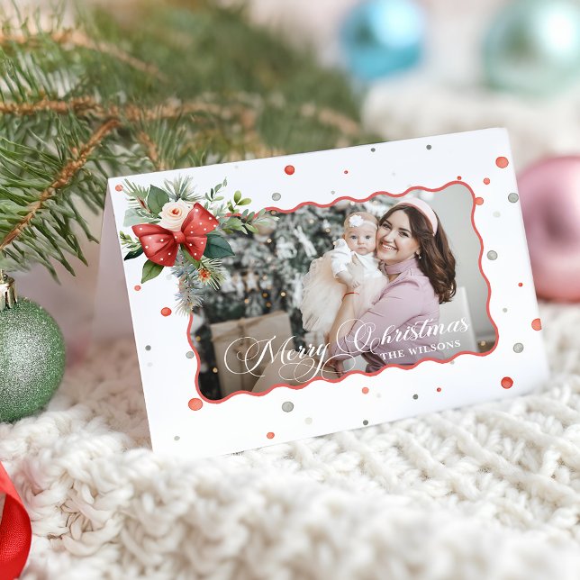 Merry Christmas Coquette Bow, Ribbon Frame 1 Photo Helgkort (Skapare uppladdad)