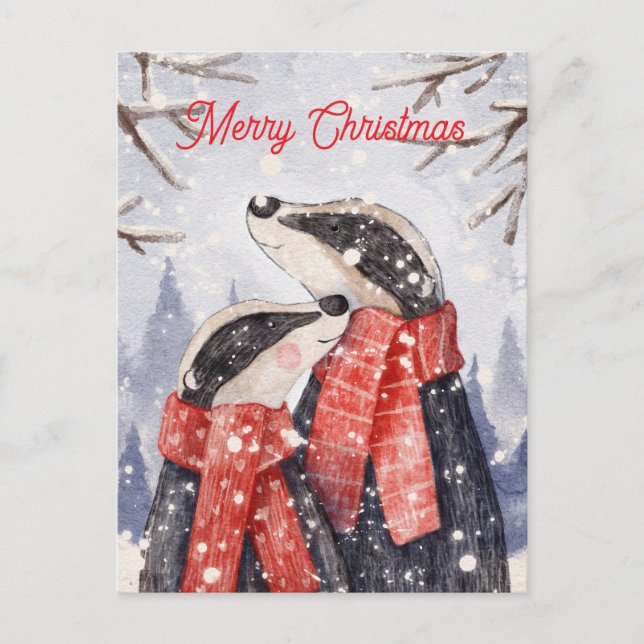 Merry Christmas Couple Badger Illustration Vykort (Framsida)
