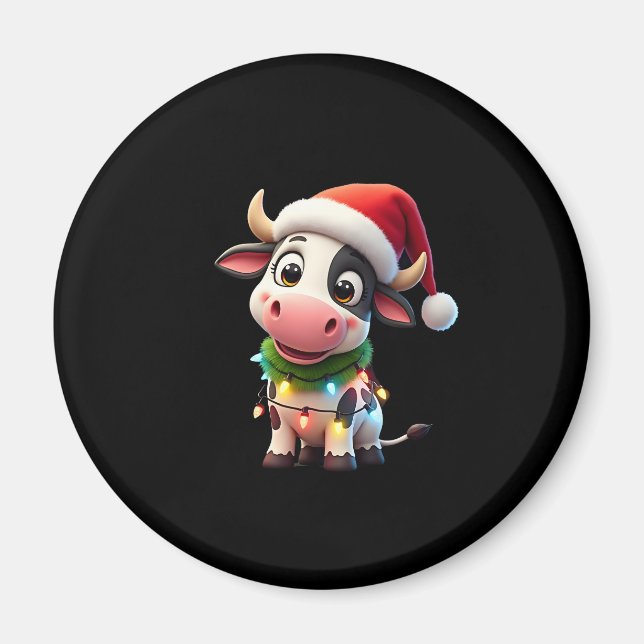Merry Christmas Cow Santa Christmas Lights Cow Xma Magnet (Framsidan)