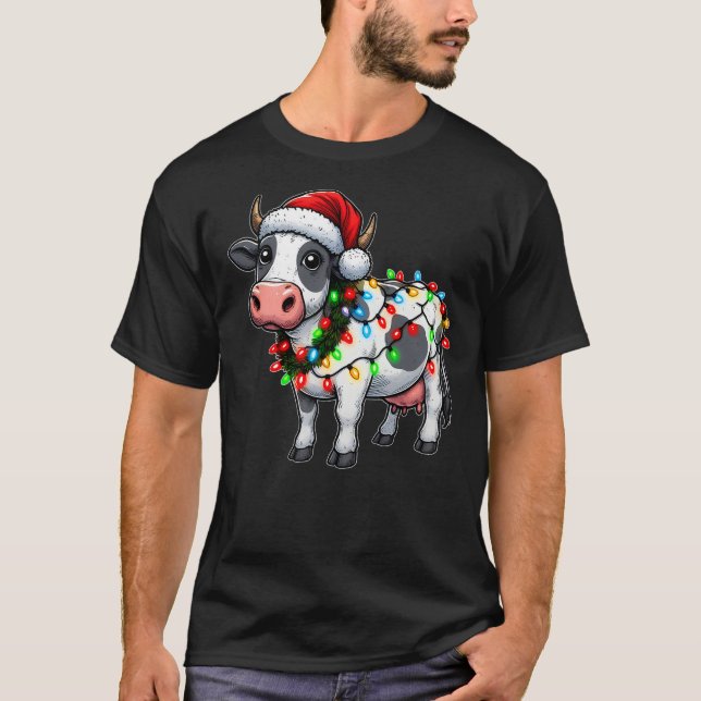 Merry Christmas Cow Santa Christmas Lights Cow Xma T Shirt (Framsida)