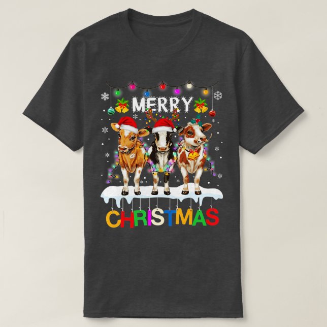 Merry Christmas Cow Shirt Farmer Santa Hat Xmas Li T Shirt (Design framsida)
