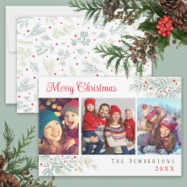Merry Christmas Custom 3 Photo Evergreen Branches Julkort