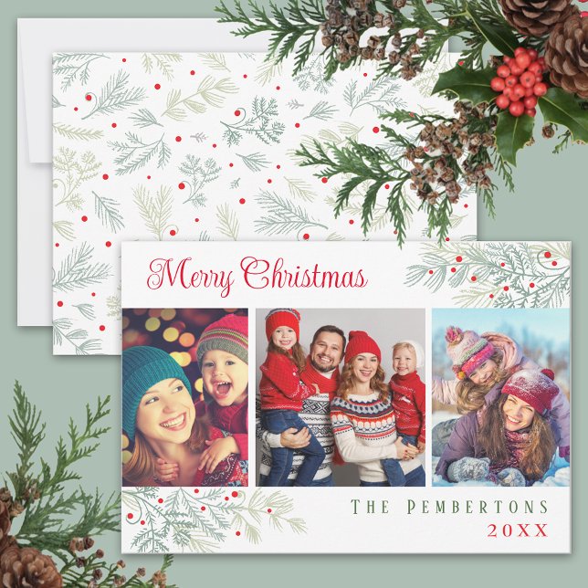 Merry Christmas Custom 3 Photo Evergreen Branches Julkort (Skapare uppladdad)