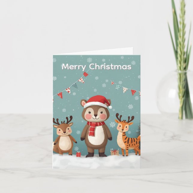 Merry Christmas Cute Animals Christmas Card Tack Kort (Framsida)