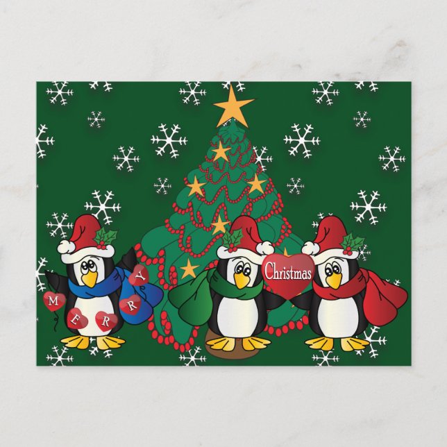 Merry Christmas Cute Cartoon Penguins Helg Vykort (Framsida)