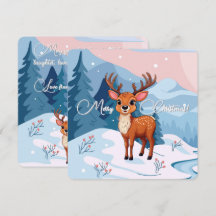 Merry Christmas Cute Cartoon Reindeer in winter