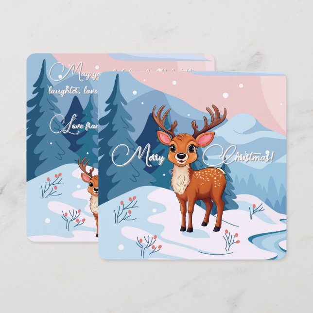 Merry Christmas Cute Cartoon Reindeer in winter  Julkort (Fram/baksida)
