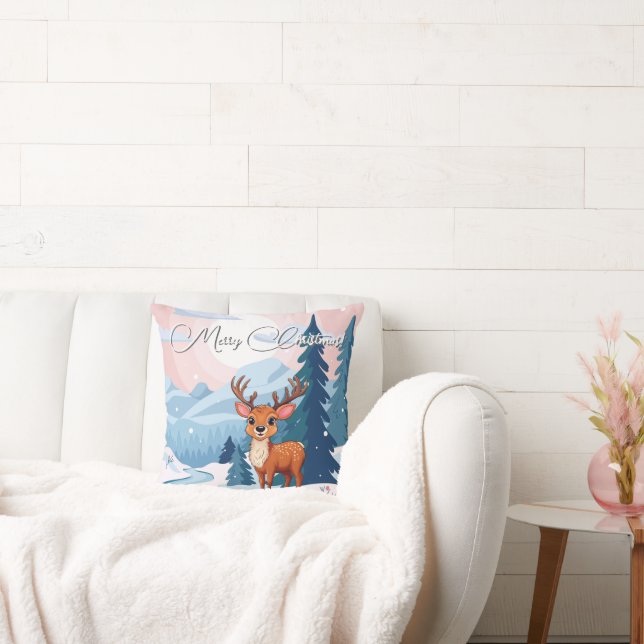 Merry Christmas Cute Cartoon Reindeer in winter  Kudde (Soffa)
