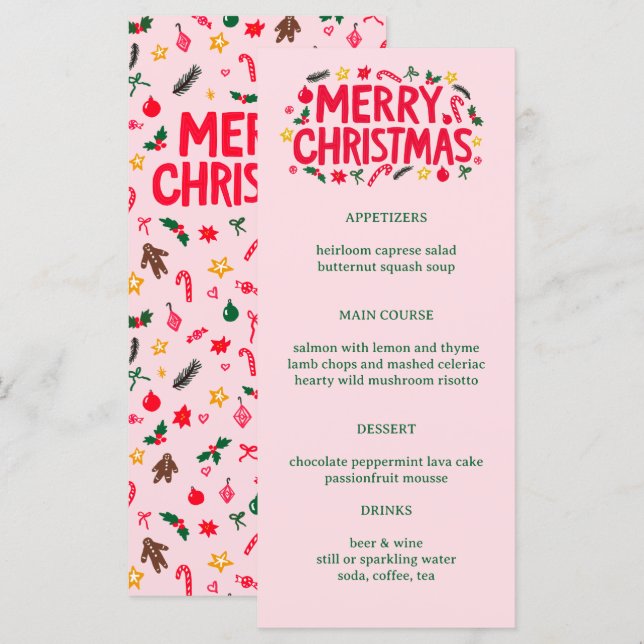 Merry Christmas Cute CUSTOM Holiday Dinner Party Meny (Fram/baksida)