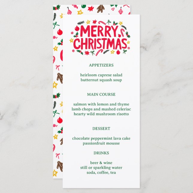 Merry Christmas Cute CUSTOM Holiday Dinner Party Meny (Fram/baksida)