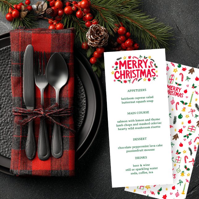 Merry Christmas Cute CUSTOM Holiday Dinner Party Meny (Merry Christmas Cute Doodles CUSTOM Holiday Dinner Party Menu
)