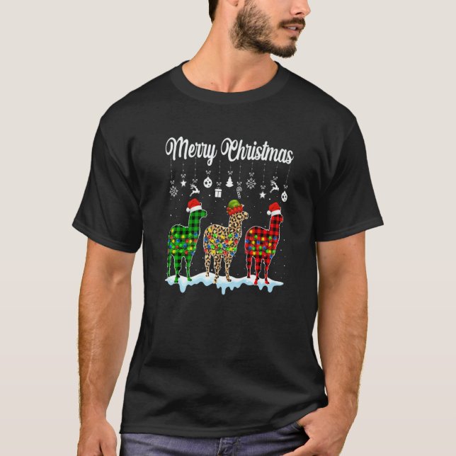 Merry Christmas Cute Llama  Xmas Leopard Plaid T Shirt (Framsida)
