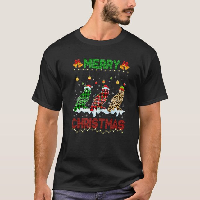 Merry Christmas Cute Owl Xmas Leopard Plaid Santa  T Shirt (Framsida)