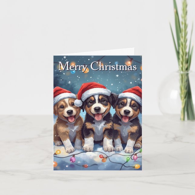 Merry Christmas Cute Puppies Christmas Card Helgkort (Framsida)