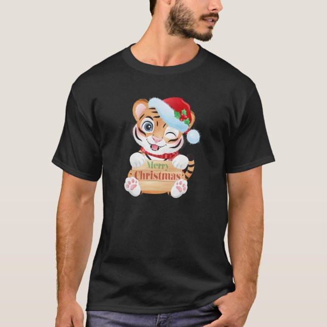 Merry Christmas Cute Santa Tiger Holiday Pajama T Shirt (Framsida)