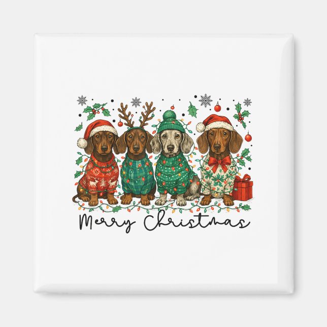 Merry Christmas Dachshund Dog Retro Xmas Puppy Men Magnet (Framsidan)