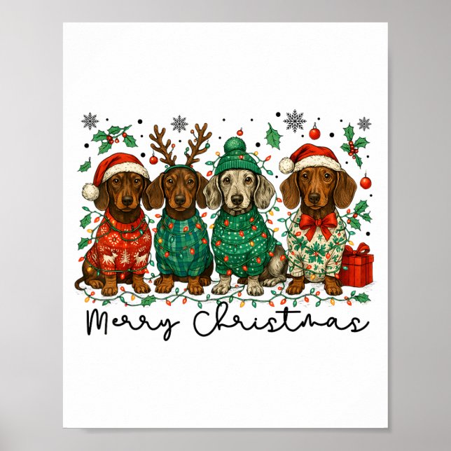 Merry Christmas Dachshund Dog Retro Xmas Puppy Men Poster (Framsidan)