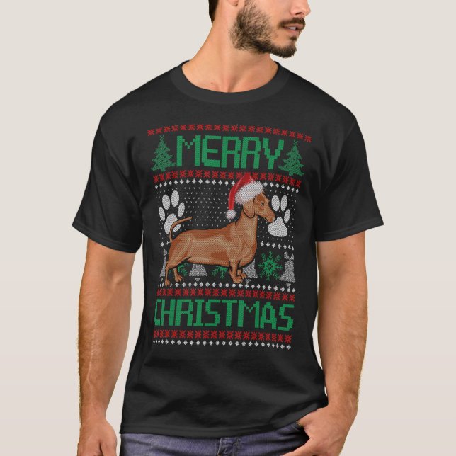 Merry Christmas Dachshund  UGLY Xmas Pajama Dog T Shirt (Framsida)