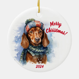 Merry Christmas Dachshund: Watercolor Julgransprydnad Keramik