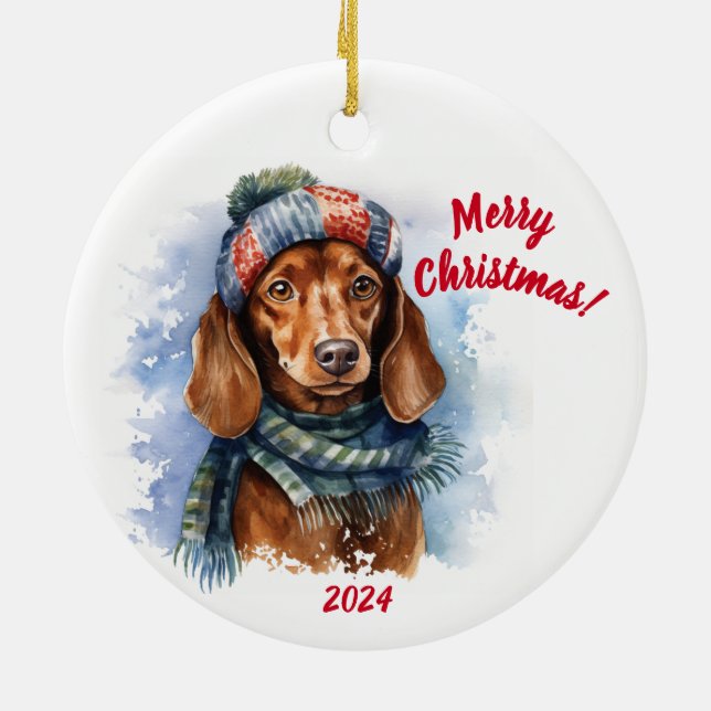 Merry Christmas Dachshund: Watercolor Julgransprydnad Keramik (Baksidan)