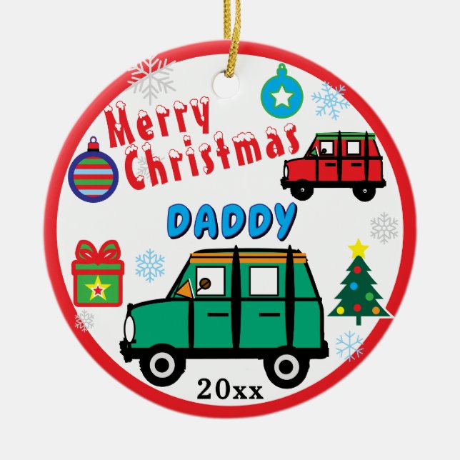 Merry Christmas Daddy Kids PHOTO Green Car Julgransprydnad Keramik (Framsidan)
