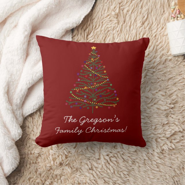 'Merry Christmas' Decorated Tree & Family Name Red Kudde (Filt)