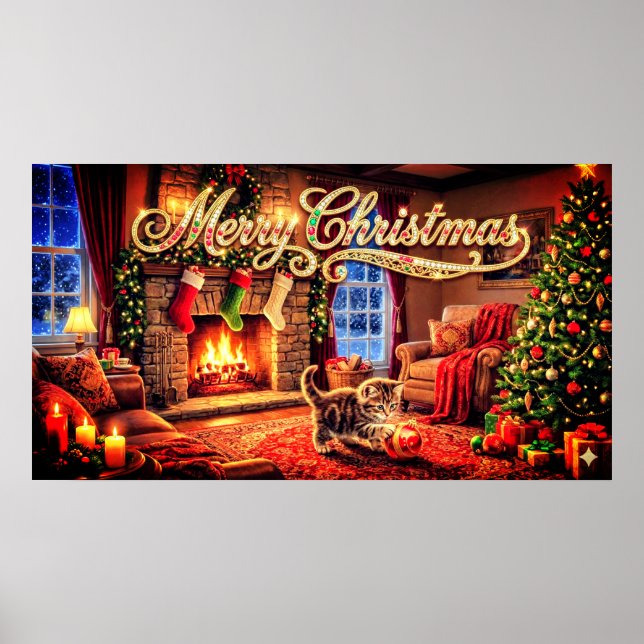 Merry Christmas Decorative Artwork with Kitten Poster (Framsidan)