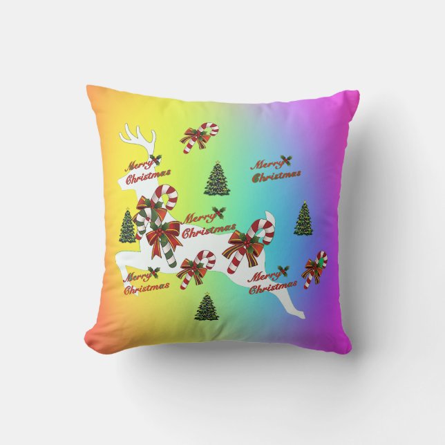 Merry Christmas Deer Rainbow Holiday Throw Pillow Kudde (Framsida)