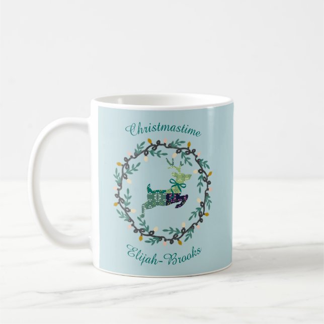 Merry Christmas Deer with Wreath Teal Customize Kaffemugg (Vänster)