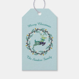 Merry Christmas Deer with Wreath Teal Customize Presentetikett