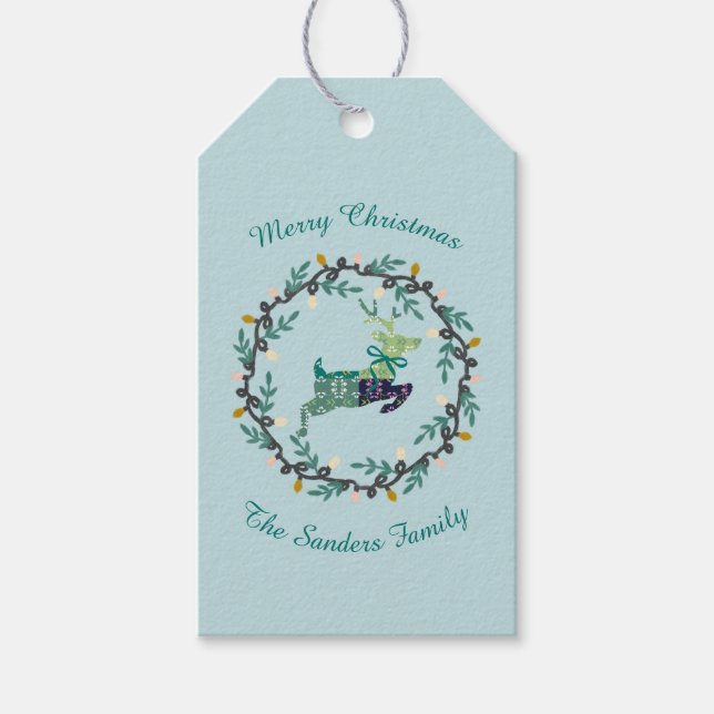 Merry Christmas Deer with Wreath Teal Customize Presentetikett (Framsidan)