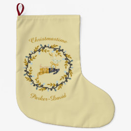 Merry Christmas Deer with Wreath Yellow Customize Stor Julstrumpa