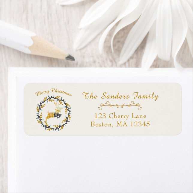 Merry Christmas Deer & Wreath Yellow Cream Address Returadress Etikett (Insitu)