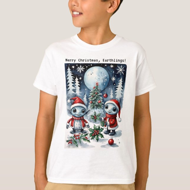 Merry Christmas Eathlings Cute Santa Aliens T Shirt (Framsida)