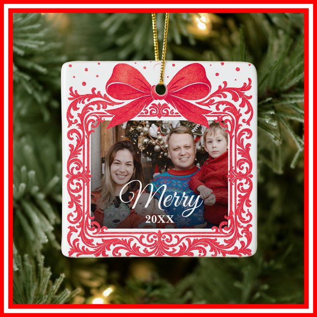  Merry Christmas Elegant Bow Present Photo Collage Julgransprydnad Keramik (Skapare uppladdad)
