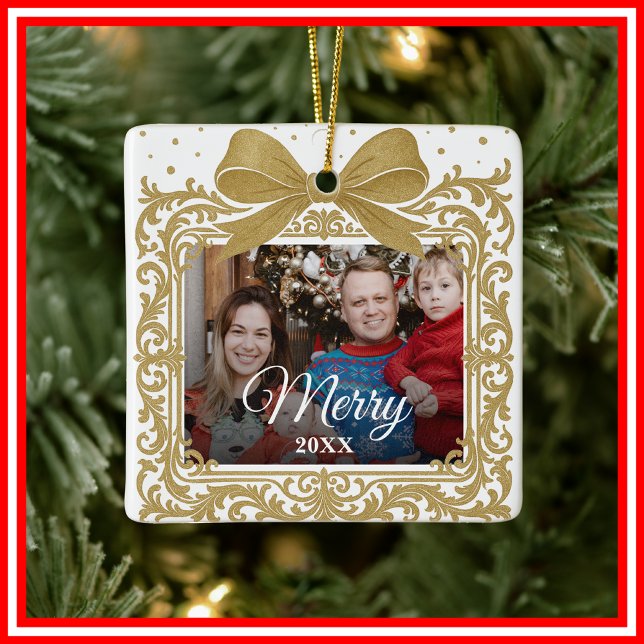  Merry Christmas Elegant Bow Present Photo Collage Julgransprydnad Keramik (Skapare uppladdad)