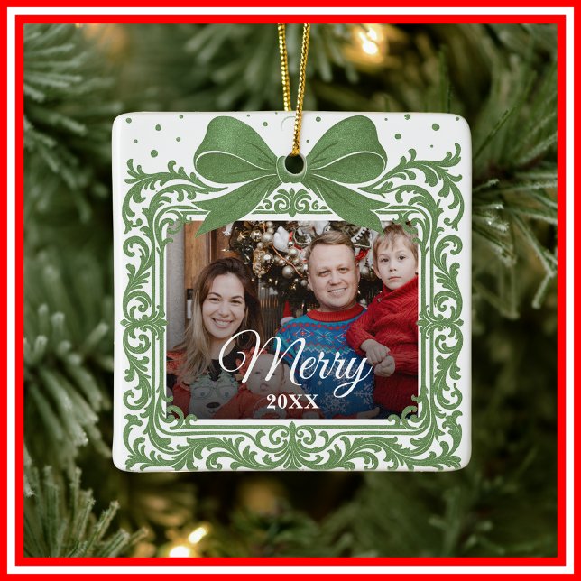  Merry Christmas Elegant Bow Present Photo Collage Julgransprydnad Keramik (Skapare uppladdad)