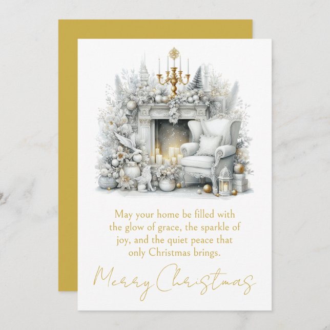 Merry Christmas Elegant Fireplace with Chandelier Julkort (Fram/baksida)